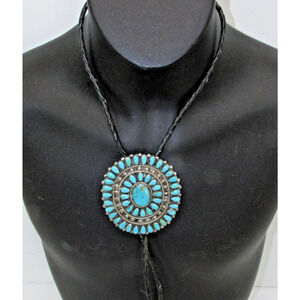 P & V By Joe Navajo Sterling Silver Turquoise Signature Bolo Tie Signed -AMAZING